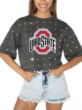 GAME DAY COUTURE Blinged Ohio State Buckeyes Charcoal Cropped Tee Sz Large